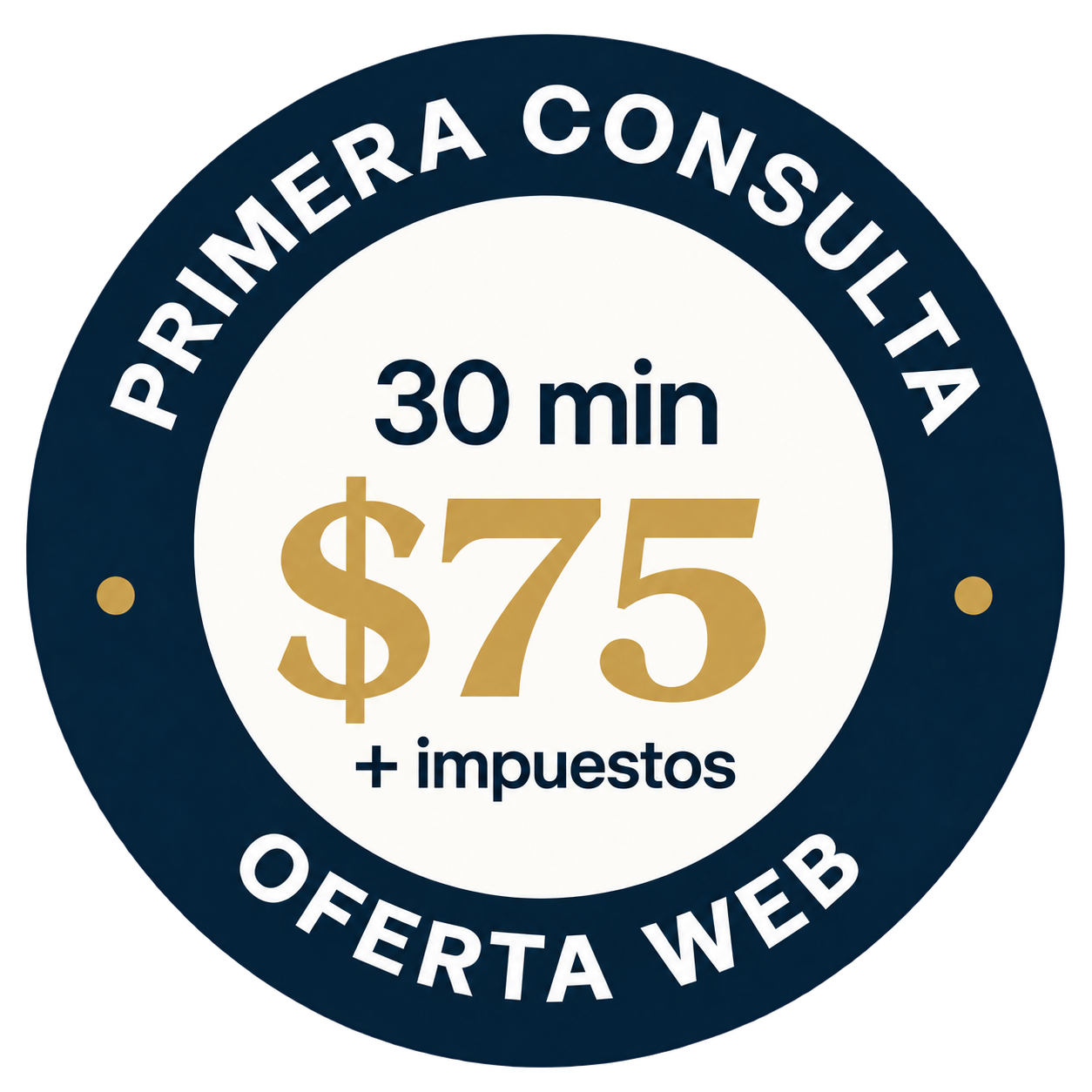 Primera consulta en el despacho : 30 minutos, $75, más impuestos. $75 por los primeros 30 minutos
solo para clientes que utilicen el formulario.